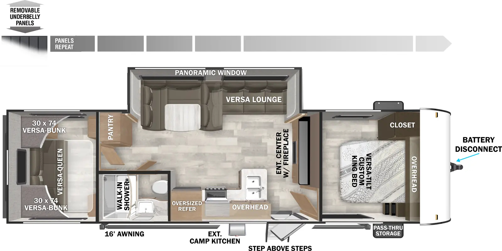 The Cruise Lite Southwest T28VBXL floorplan has one entry and one slide out. Exterior features include: metal exterior, 16' awning and outside kitchen. Interiors features include: bunk beds, u-dinette and front bedroom.